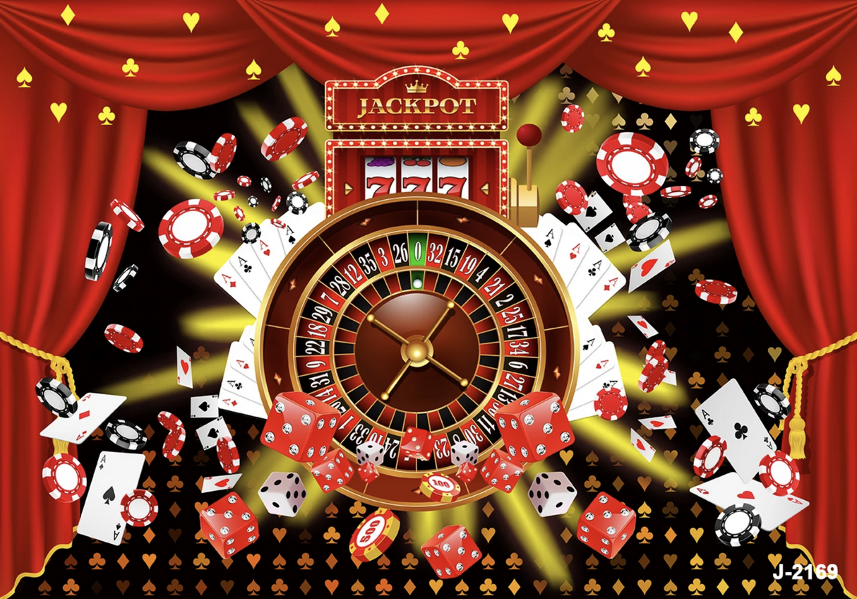 CASINO SLOTS ROULETTE CARDS POKER CHIPS BIRTHDAY PARTY BANNER BACKDROP
