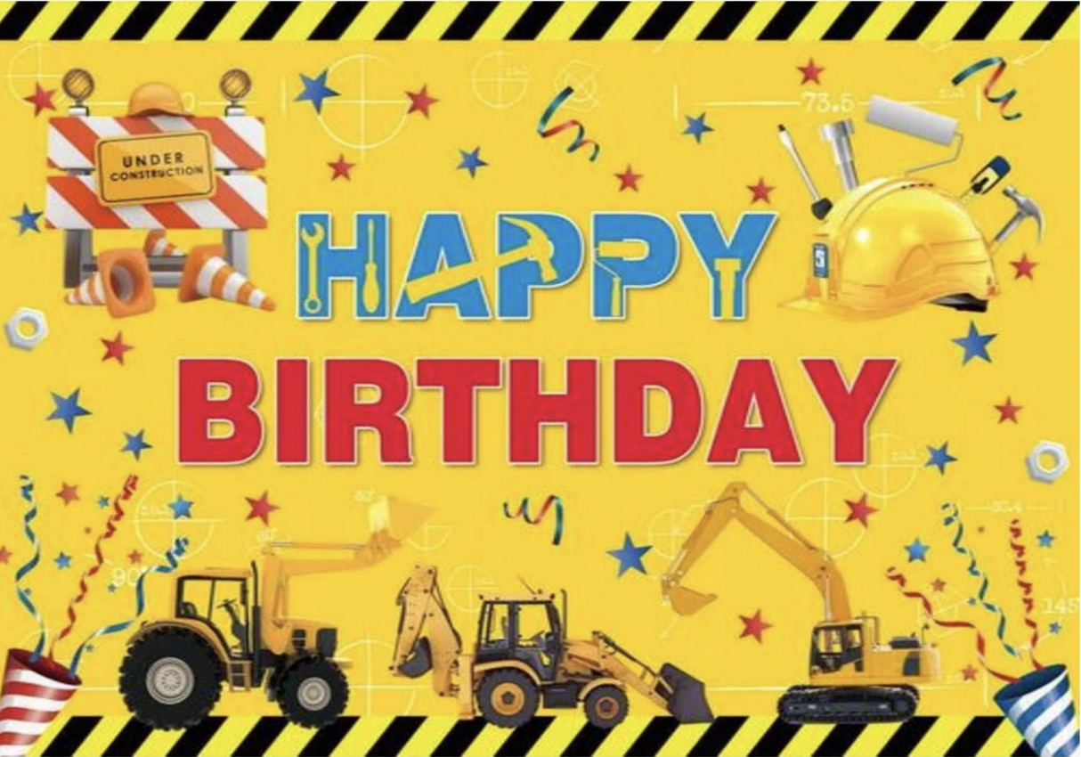 UNDER CONSTRUCTION TRACTOR HARD HAT PERSONALISED BIRTHDAY PARTY BANNER BACKDROP