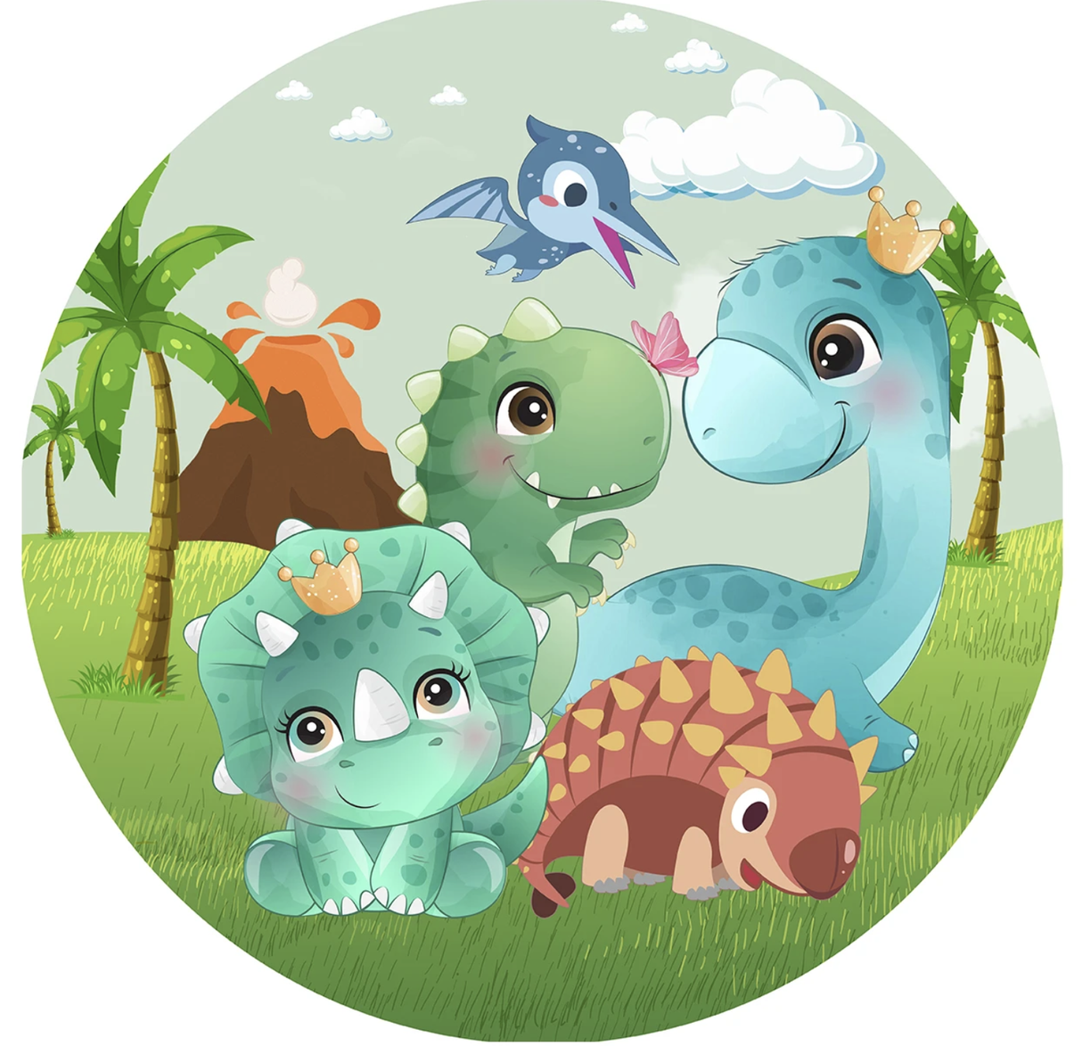 DINOSAURS DINO BABY VOLCANO JUNGLE CROWN PARTY ROUND BIRTHDAY BANNER BACKDROP