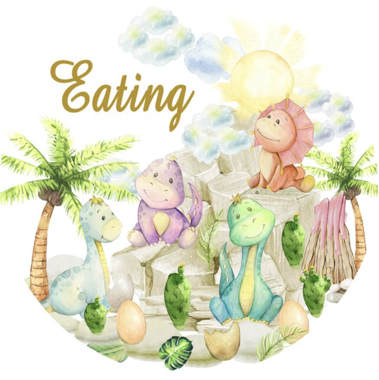 DINOSAURS DINO BABY CHIBI CUTE SUN CLOUDS TREES PARTY ROUND BIRTHDAY BANNER