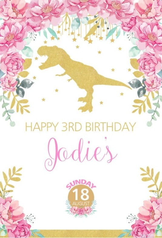 DINOSAUR GIRLS PINK GOLD GLITTER PERSONALISED BIRTHDAY PARTY BANNER BACKDROP