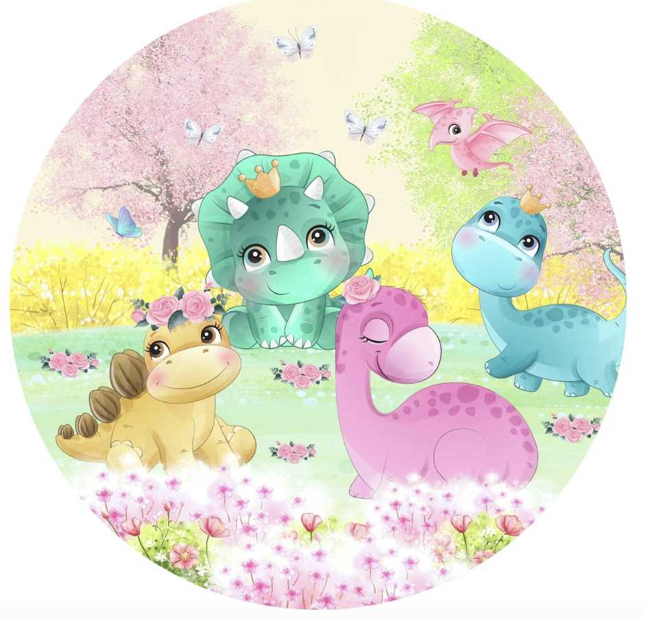 DINOSAUR BABY CHIBI TRICERATOPS PTERODACTYL STEGOSAURS PARTY ROUND BIRTHDAY BANNER