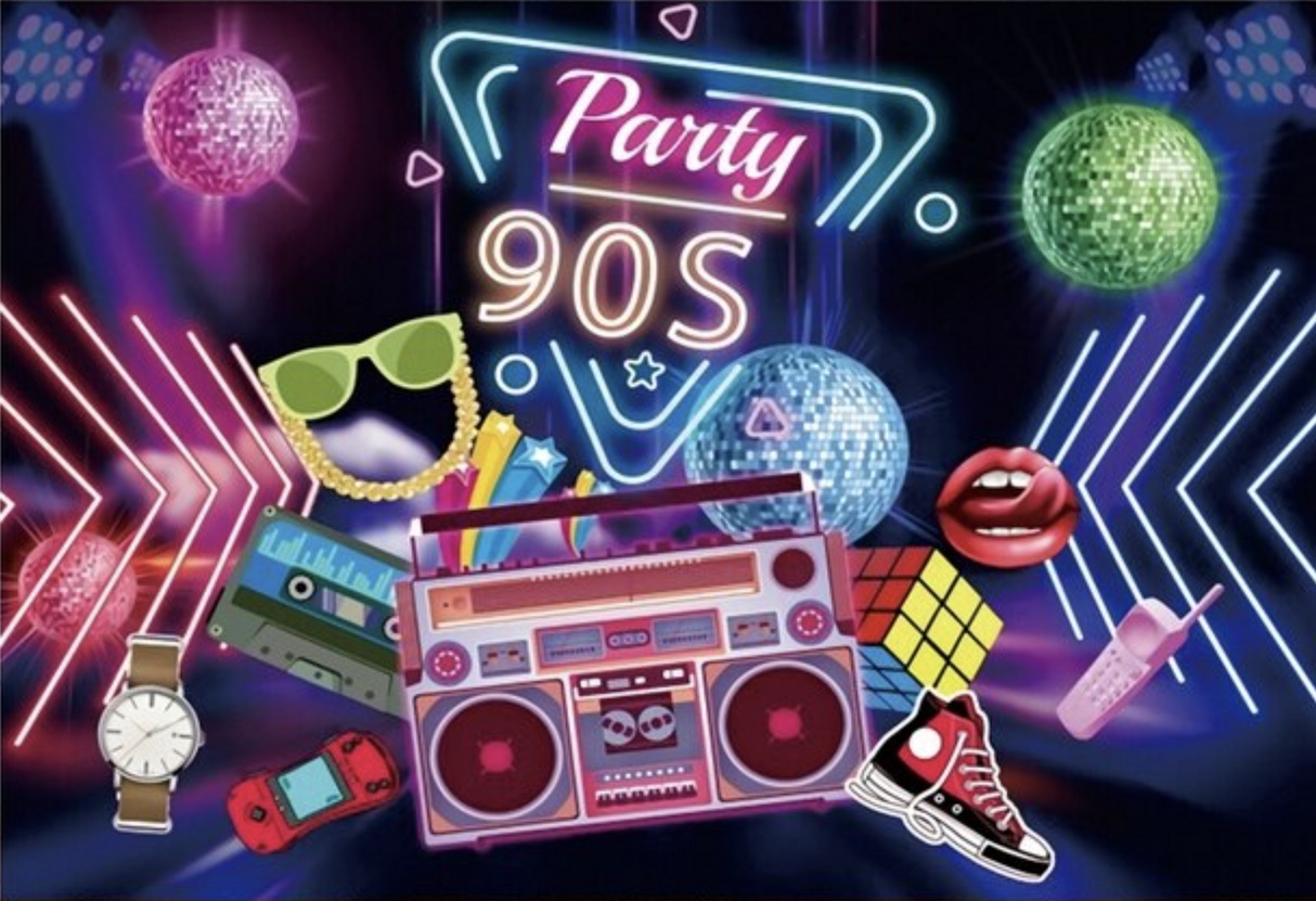 DISCO 90'S RUBIX CUBE GAMING RETRO CLUB CASSET BIRTHDAY PARTY BANNER DECORATION