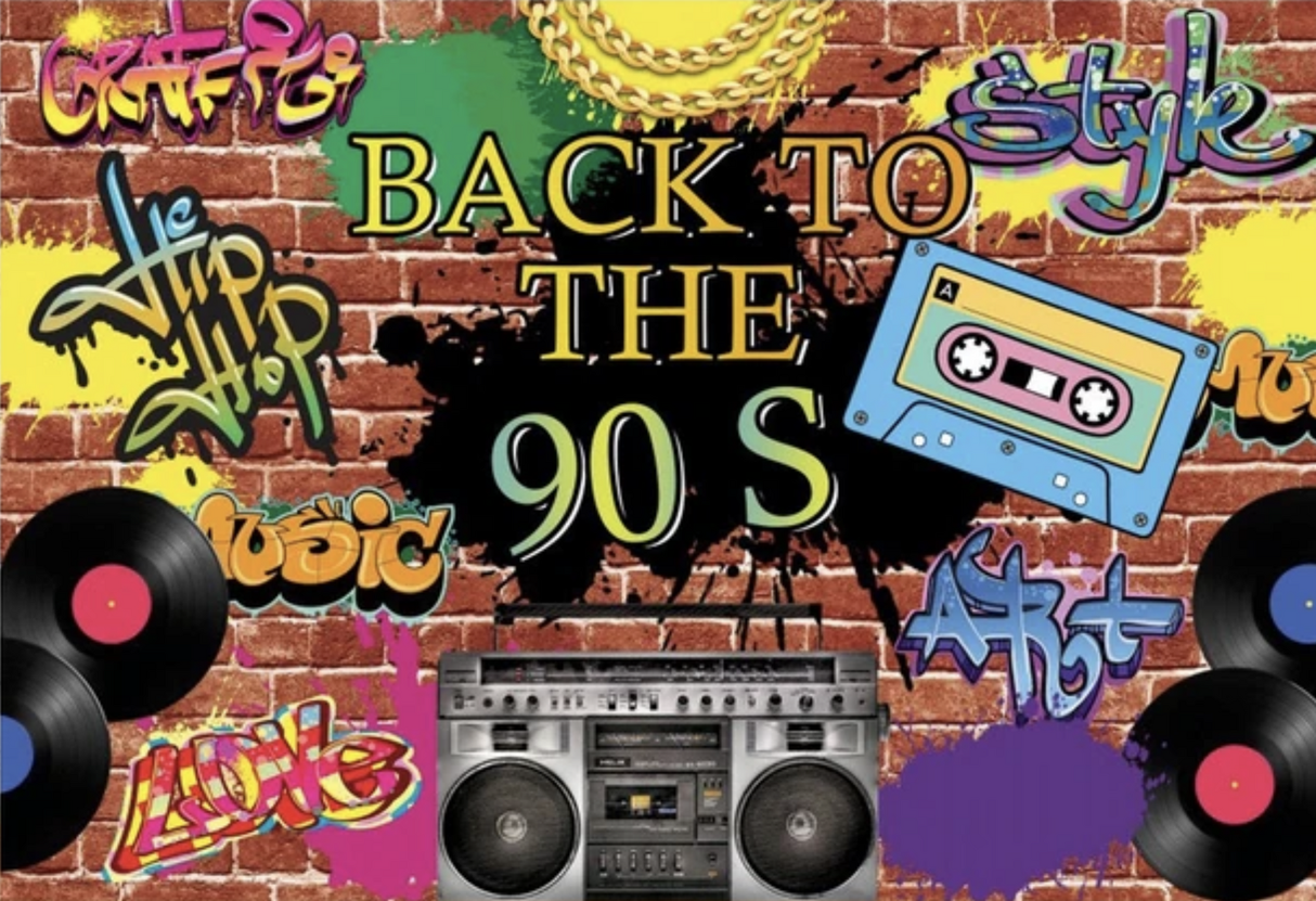 DISCO BACK TO 90S MUSIC RECORD CASSET GRAFFITI BIRTHDAY PARTY BANNER DECORATION