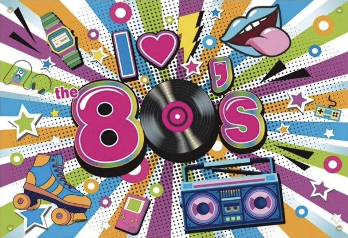 DISCO THEME I LOVE 80'S ROLLERSKATE BOOMBOX BIRTHDAY PARTY BANNER DECORATION