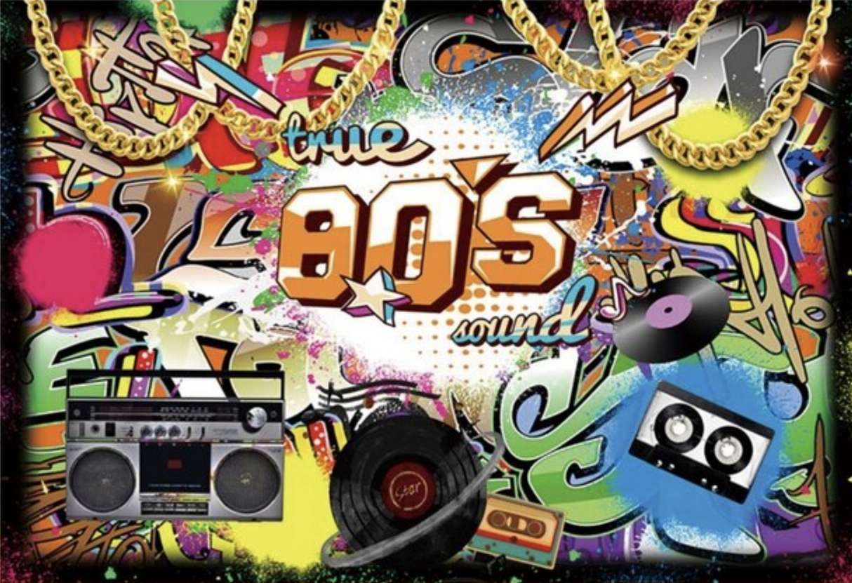 80'S DISCO TAPE DECK BOOMBOX RECORDS GRAFFITI PERSONALISED BIRTHDAY PARTY SUPPLIES BANNER BACKDROP DECORATION