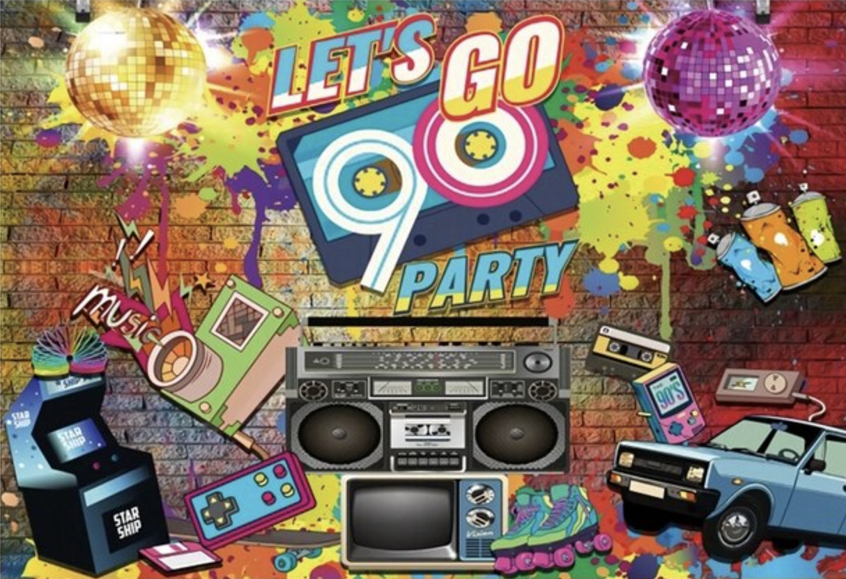 DISCO BALL 90S ARCADE SLINKY IPOD GAMING BIRTHDAY PARTY BANNER DECORATION