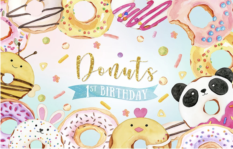 DONUTS SPRINKLES PERSONALISED 1ST BIRTHDAY PARTY BANNER BACKDROP DECORATION