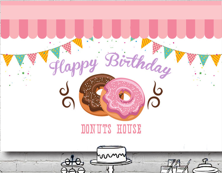DONUT FIRST 1ST BIRTHDAY PINK WHITE PERSONALISED PARTY BANNER BACKDROP