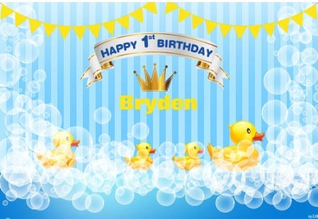 YELLOW RUBBER DUCK BUBBLES PERSONALISED FIRST BIRTHDAY PARTY BANNER DECORATION