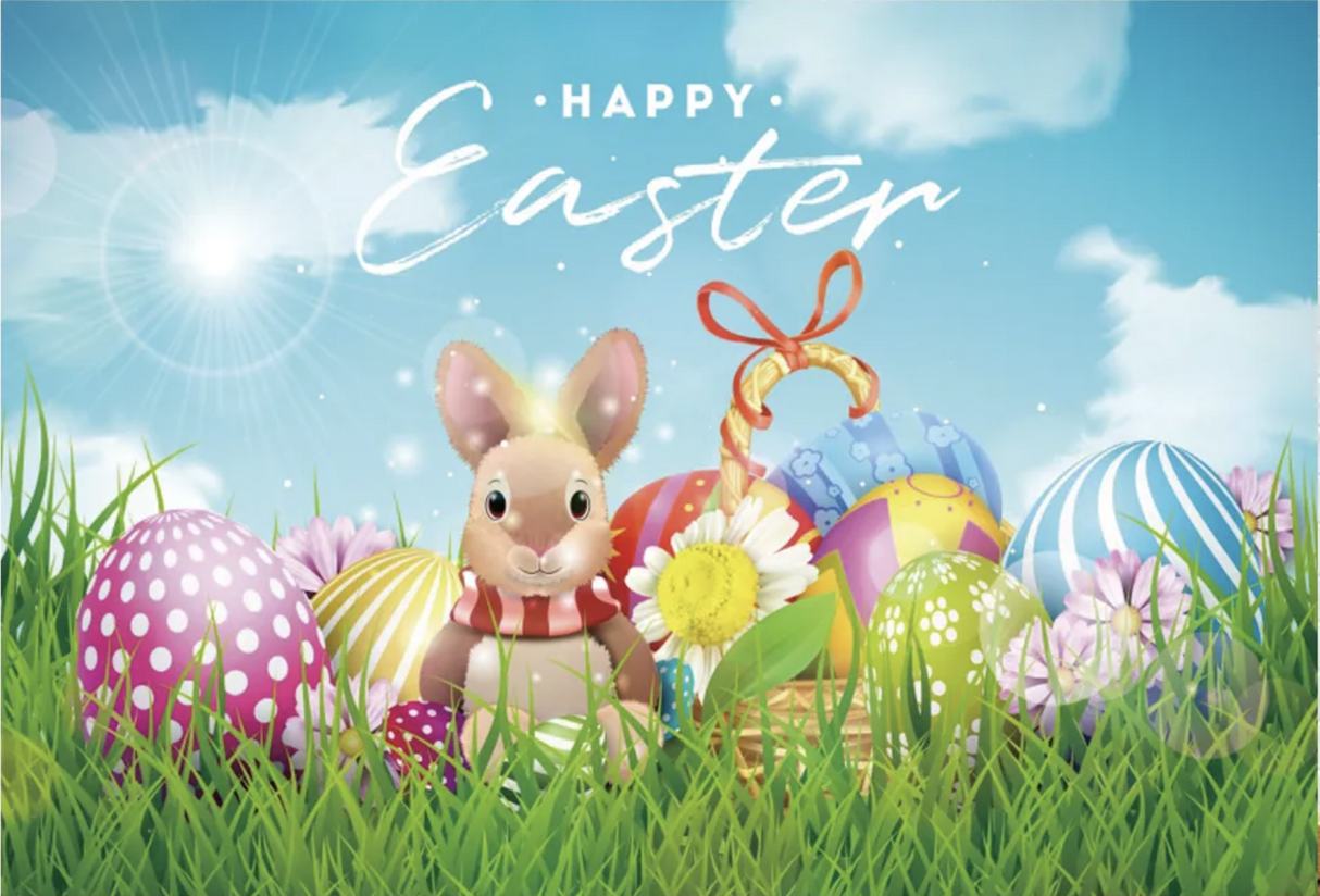 EASTER BUNNY EGGS CHOCOLATE BASKET GARDEN PERSONALISED PARTY BANNER BACKDROP