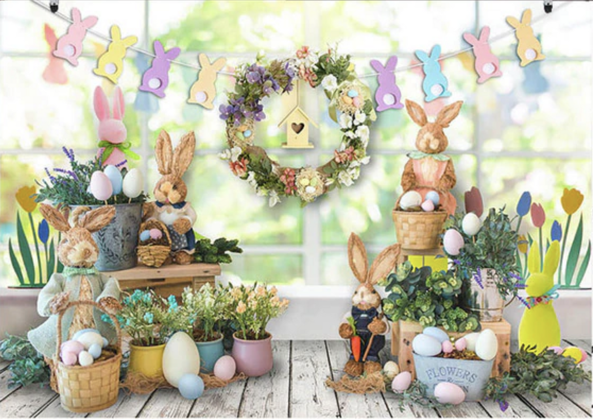 EASTER EGGS BUNNY WREATH FLOWERS FESTIVE PERSONALISED PARTY BANNER BACKDROP