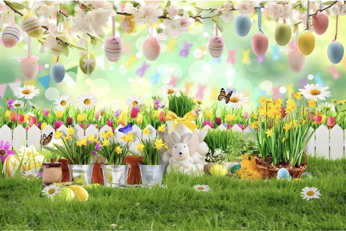 EASTER EGGS HUNT BUNNY FLOWERS BUTTERFLY PERSONALISED PARTY BANNER BACKDROP