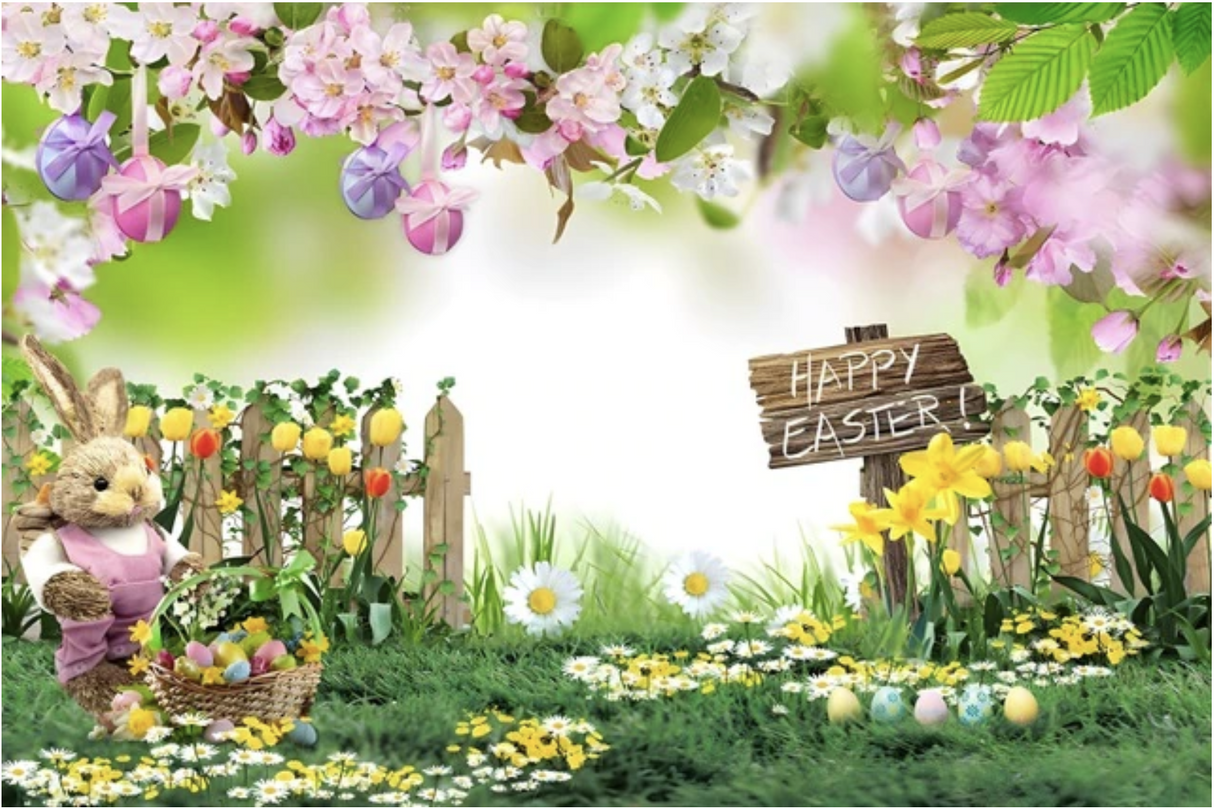 EASTER EGGS BUNNY RABBIT HUNT FLOWERS GARDEN PERSONALISED PARTY BANNER BACKDROP