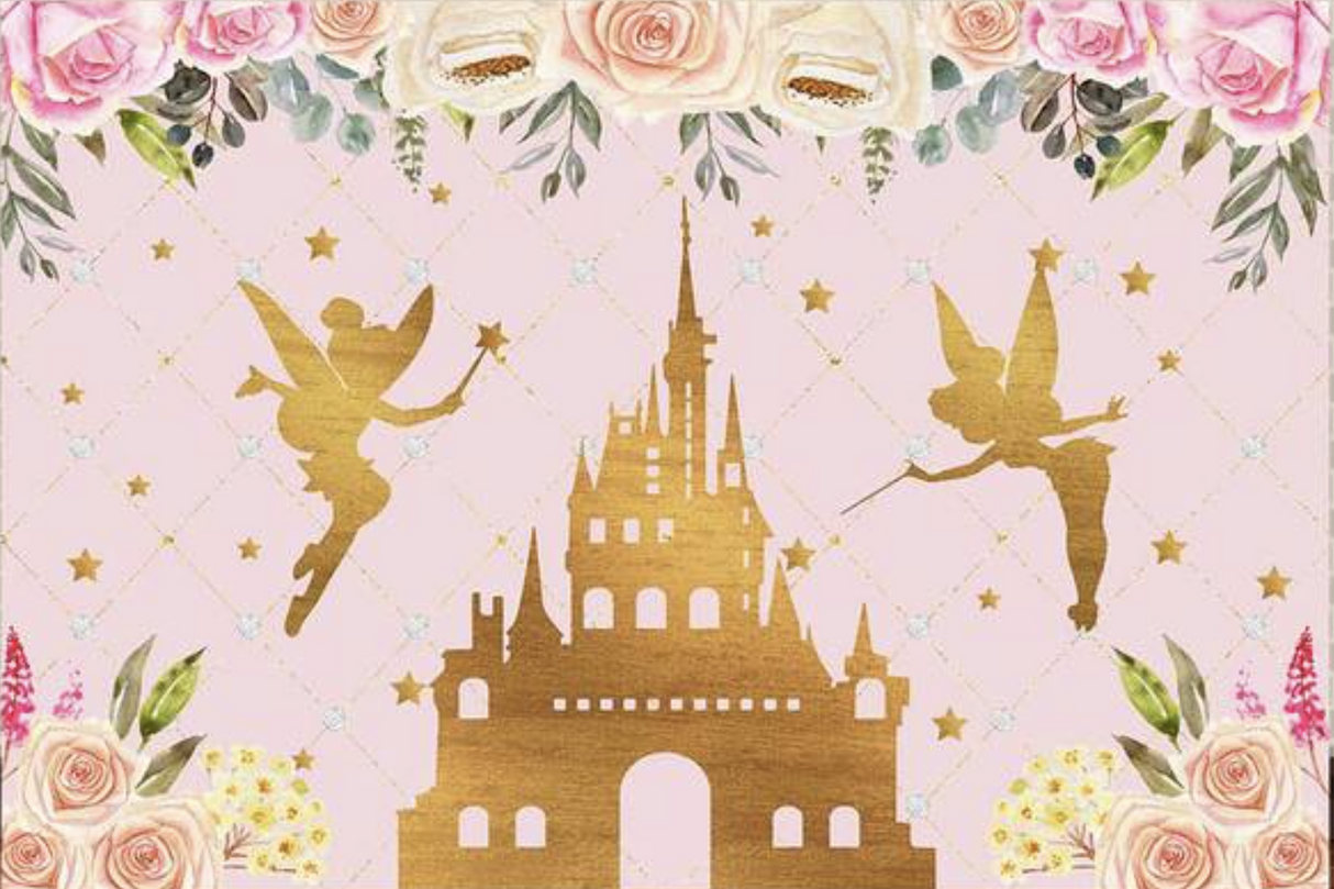 FARIES CASTLE ROSES STARS FLOWERS GOLD FAIRY BIRTHDAY PARTY BANNER BACKDROP