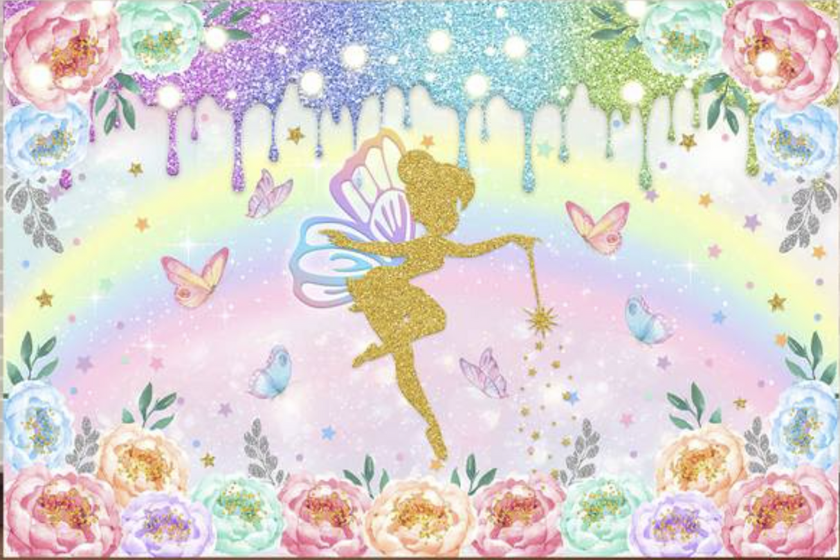 FAIRY GLITTER BUTTERFLY FLOWER STARS PERSONALISED BIRTHDAY PARTY BANNER BACKDROP