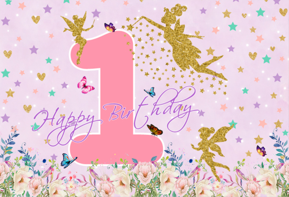 FAIRY PINK GOLD PERSONALISED BIRTHDAY PARTY BANNER BACKDROP DECORATION