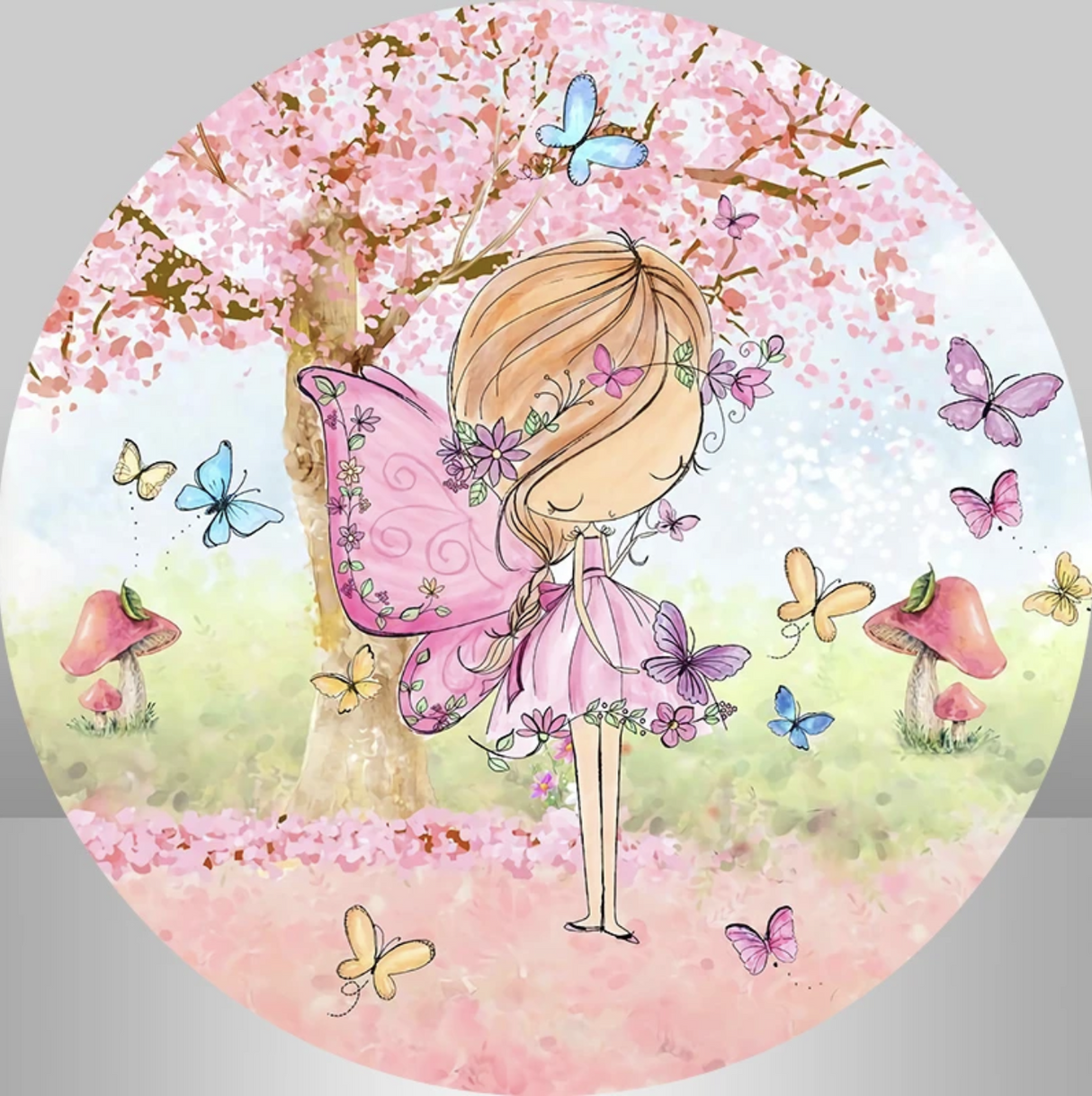 FAIRY FOREST FLOWERS BUTTERFLY MAGIC PINK PARTY ROUND BIRTHDAY BANNER BACKDROP