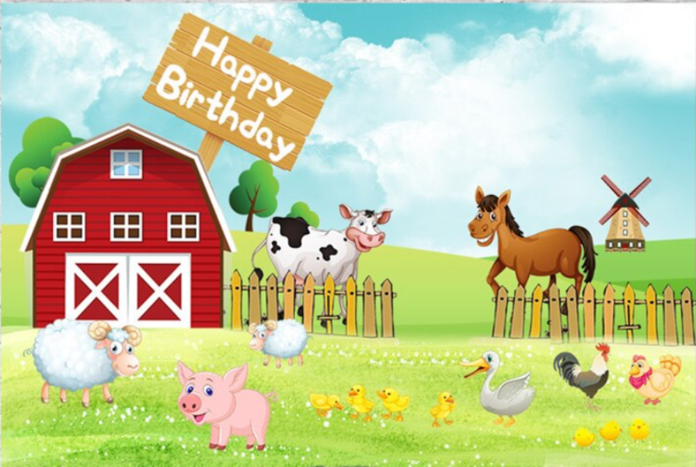FARM BARN ANIMAL COW HORSE PIG PERSONALISED BIRTHDAY PARTY BANNER BACKDROP