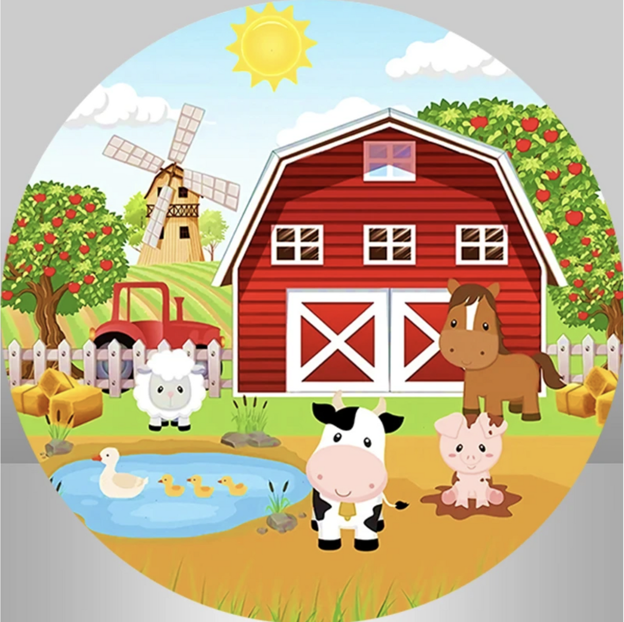FARM ANIMALS HORSE COW PIG DUCKS APPLE TREES PARTY ROUND BIRTHDAY BANNER BACKDROP