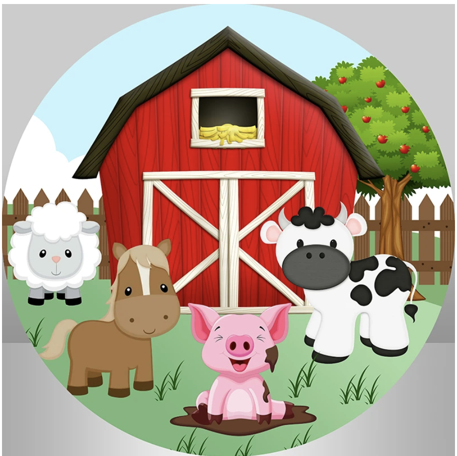 FARM ANIMALS PIG COW SHEEP HORSE APPLE TREE PARTY ROUND BIRTHDAY BANNER BACKDROP
