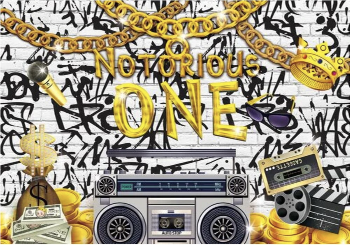 GRAFFITI FIRST BIRTHDAY ONE BLACK WHITE GOLD BOOMBOX PARTY BANNER BACKDROP