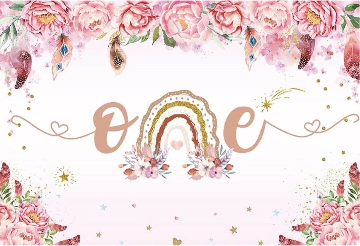 BOHEMIAN FLOWERS RAINBOW STARS PERSONALISED FIRST BIRTHDAY PARTY BANNER BACKDROP