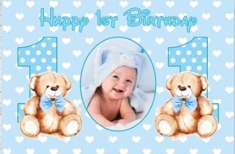 BLUE TEDDY BEARS PERSONALISED FIRST BIRTHDAY PARTY BANNER BACKDROP DECORATION
