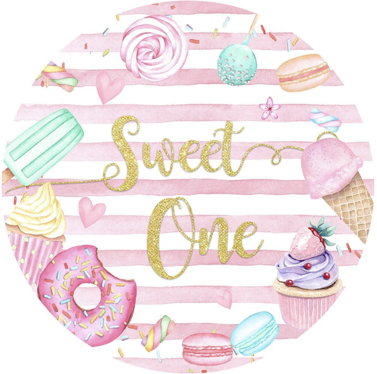 SWEET ONE FOOD SWEETS DONUTS ICE CREAM CUPCAKES PARTY ROUND BIRTHDAY BANNER