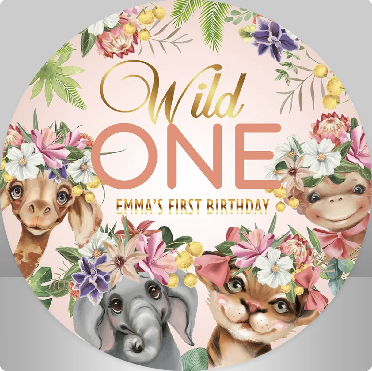 WILD ONE FIRST BIRTHDAY ANIMALS TIGER ELEPHANT GIRAFFE FLOWERS PARTY ROUND BANNER