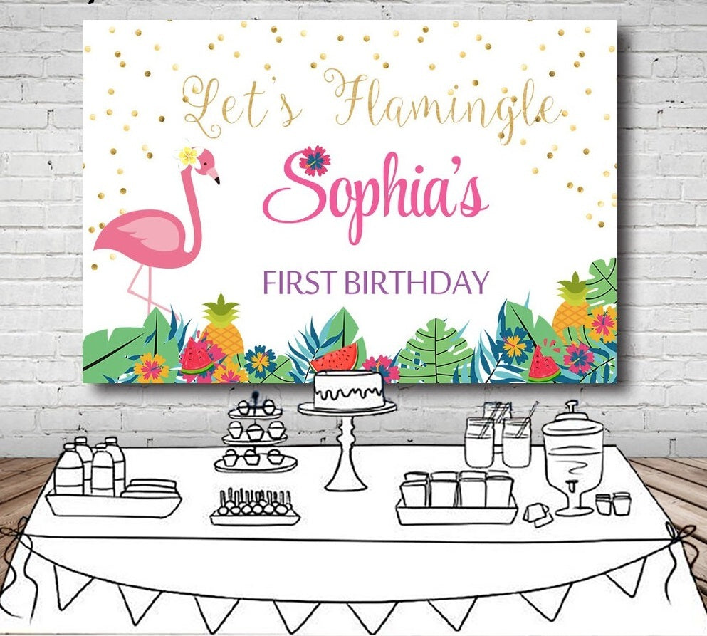 FLAMINGO FRUIT PERSONALISED BIRTHDAY PARTY BANNER BACKDROP DECORATION