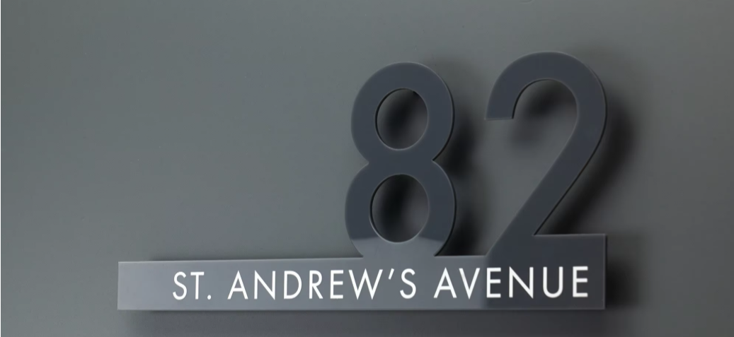 CUSTOM HOUSE OUTSIDE SIGN NUMBER STREET HOUSE ADDRESS GRAY ACRYLIC WHITE TEXT CUT WALL SIGN