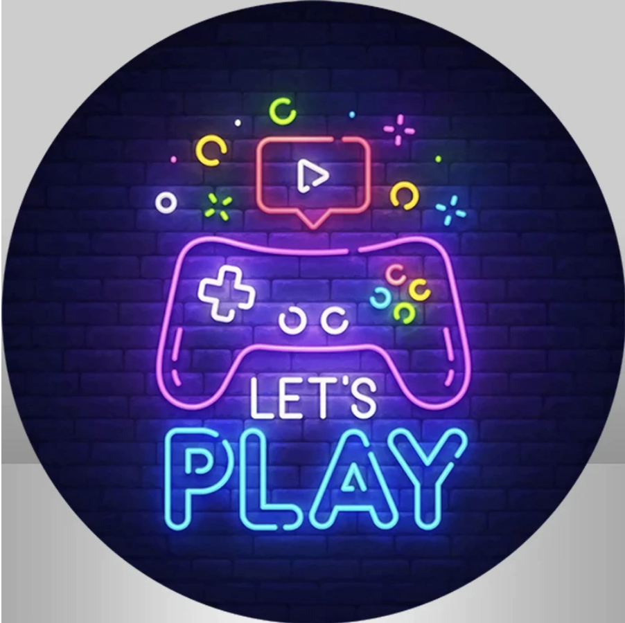 GAMING VIDEO GAMES PLAY CONTROLLER NEON BRICKS PARTY ROUND BIRTHDAY BANNER BACKDROP