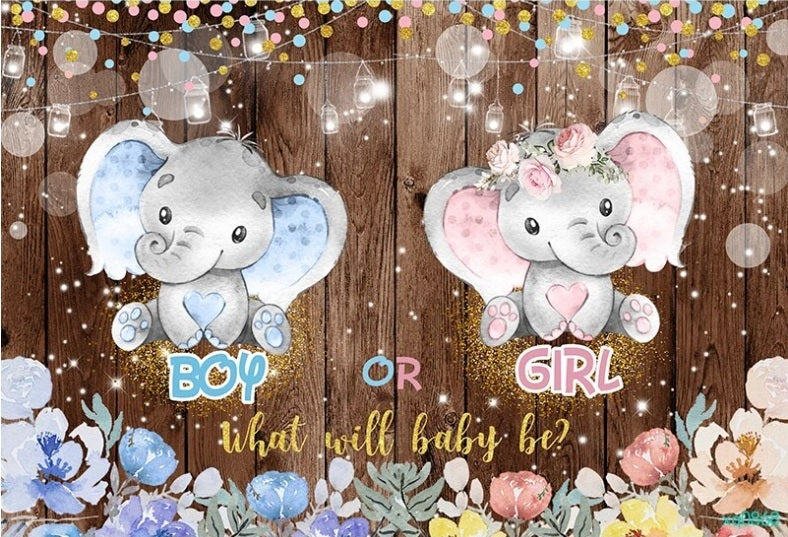 GENDER REVEAL BOY GIRL ELEPHANT PERSONALISED PARTY BANNER BACKDROP DECORATION