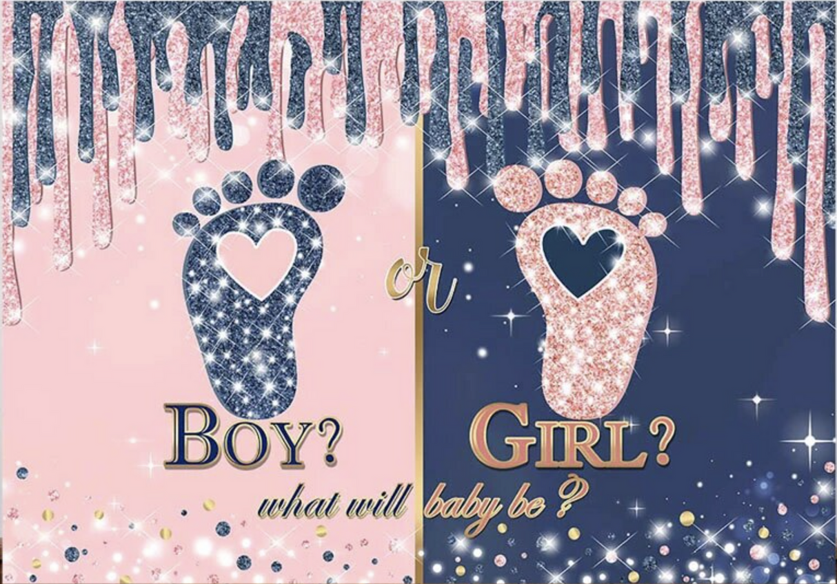 BABY SHOWER GENDER REVEAL GLITTER FOOTPRINT BIRTHDAY PARTY BANNER BACKDROP