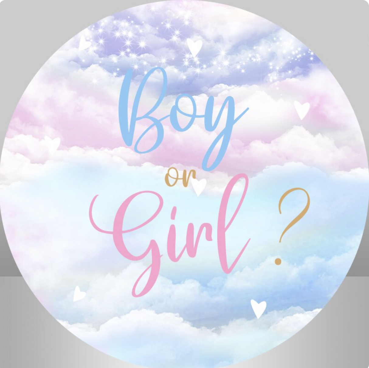 GENDER REVEAL BABY SHOWER BOY GIRL SKY HEARTS PARTY ROUND BANNER BACKDROP