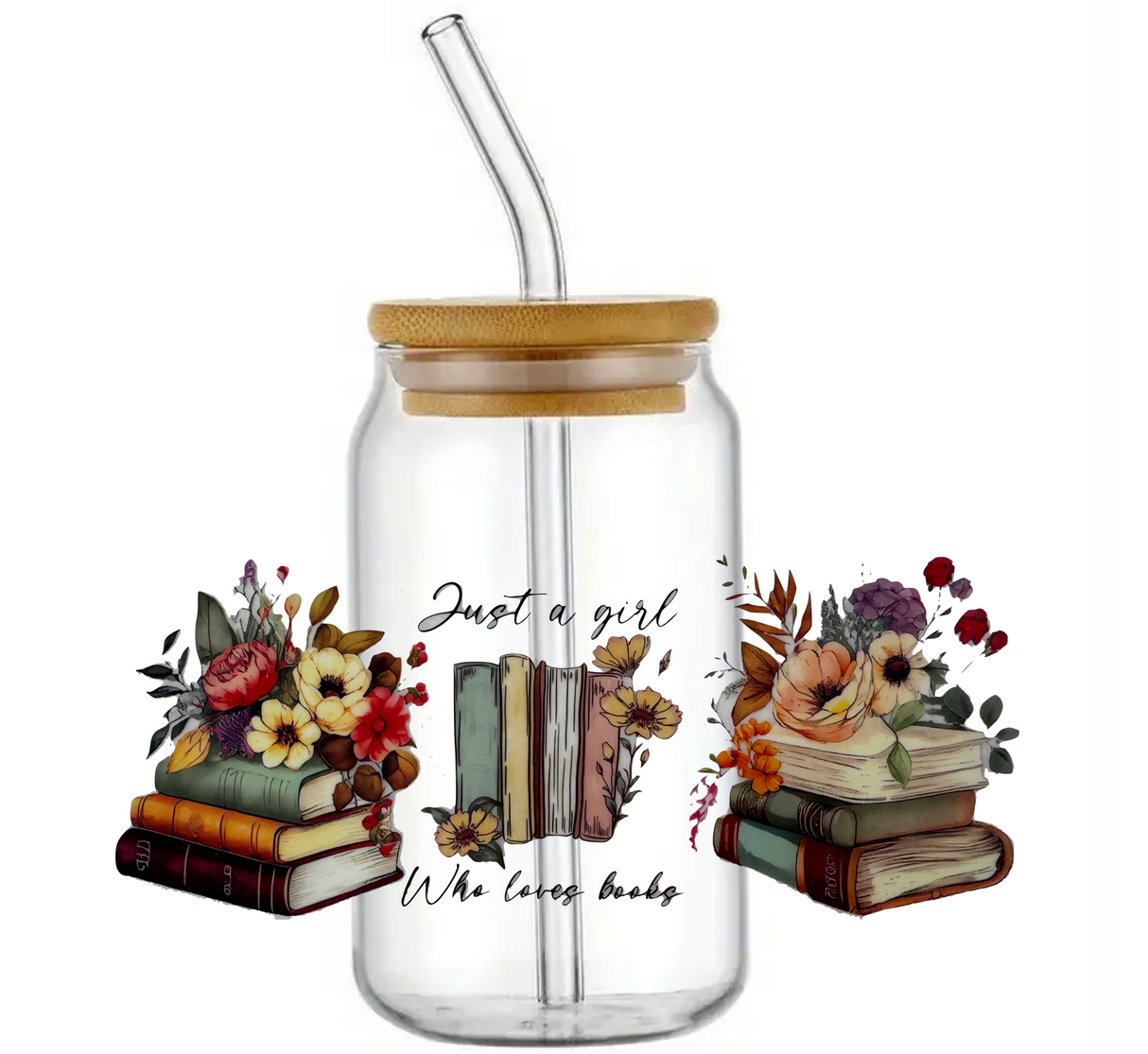JUST A GIRL WHO LOVES BOOKS GLASS JAR TUMBLER CUP WITH LID, STRAW AND BRUSH