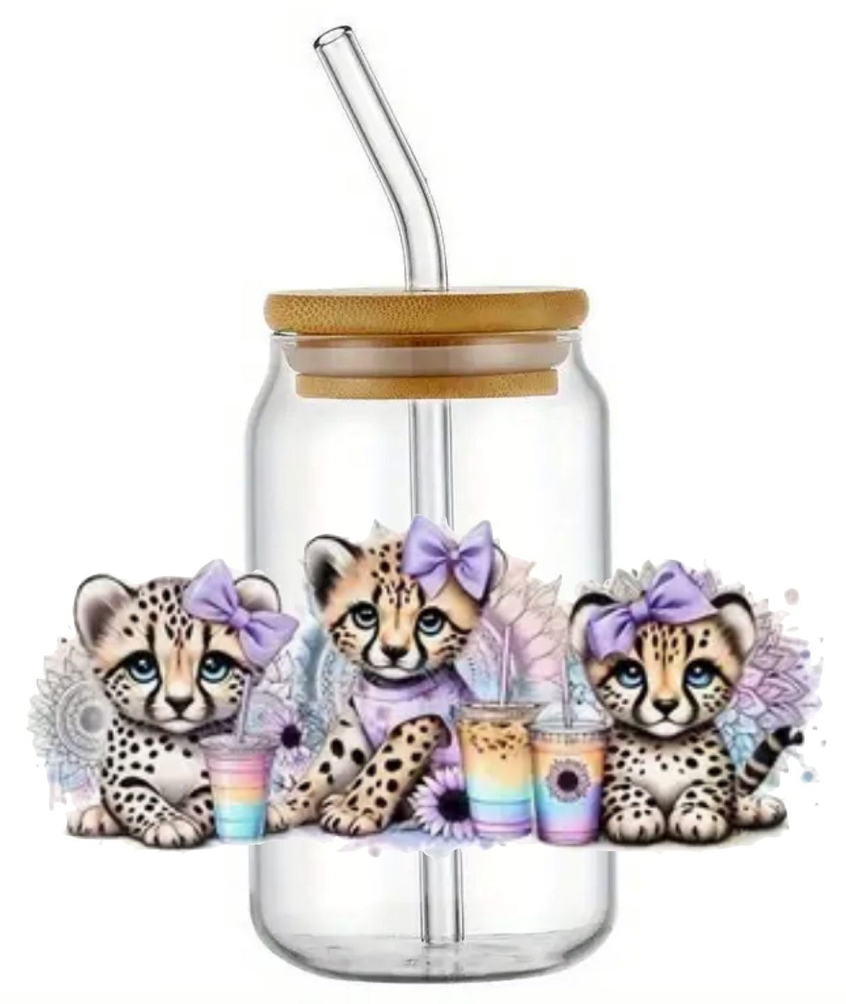 BABY LEOPARD COFFEE FUNNY NOVELTY GLASS JAR TUMBLER CUP WITH LID, STRAW AND BRUSH
