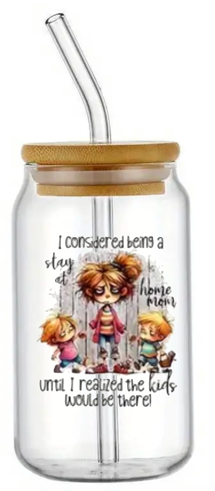 STAY AT HOME MUM FUNNY NOVELTY GLASS JAR TUMBLER CUP WITH LID, STRAW AND BRUSH