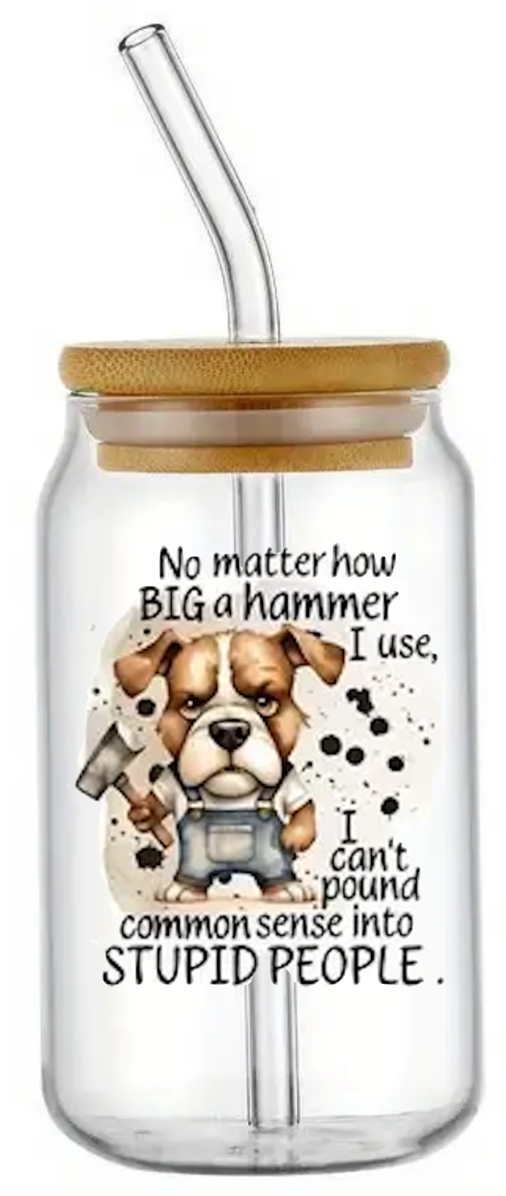 STUPID PEOPLE DOG FUNNY NOVELTY GLASS JAR TUMBLER CUP WITH LID, STRAW AND BRUSH