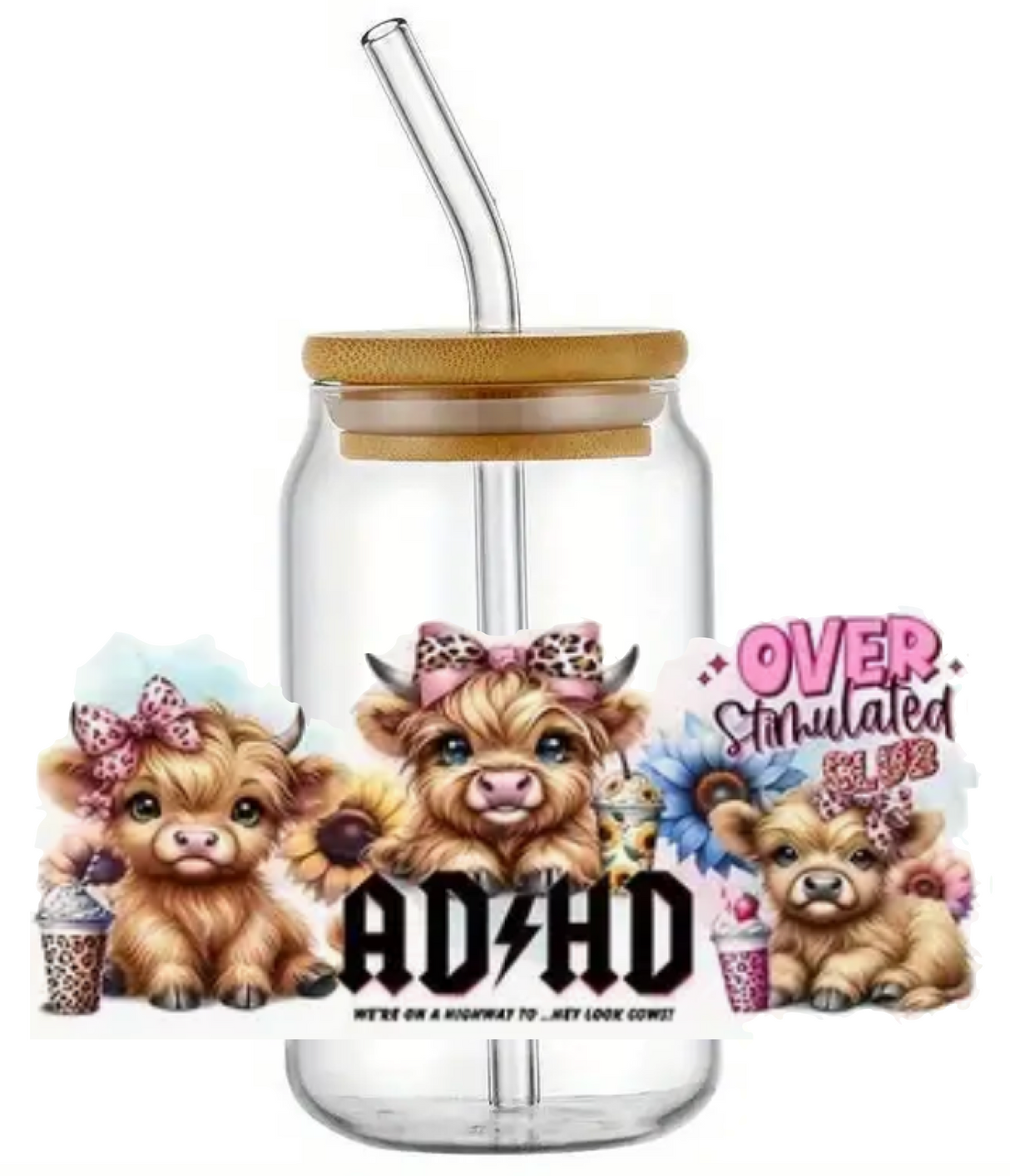 ADHD OVER STIMULATED GLASS JAR TUMBLER CUP WITH LID, STRAW AND BRUSH