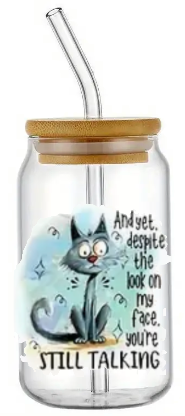 GRUMPY CAT ATTITUDE GLASS JAR TUMBLER CUP WITH LID, STRAW AND BRUSH