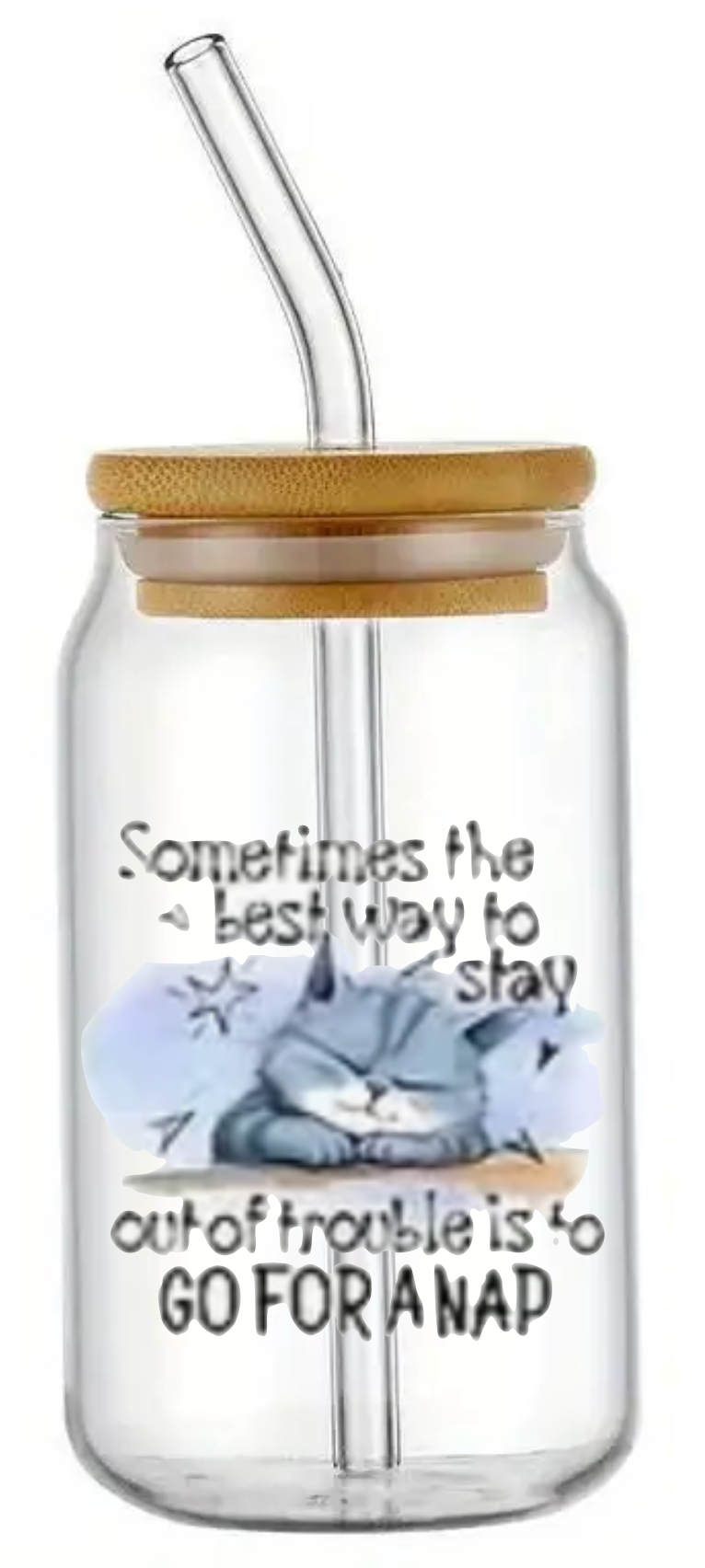 CAT I NEED A NAP GLASS JAR TUMBLER CUP WITH LID, STRAW AND BRUSH
