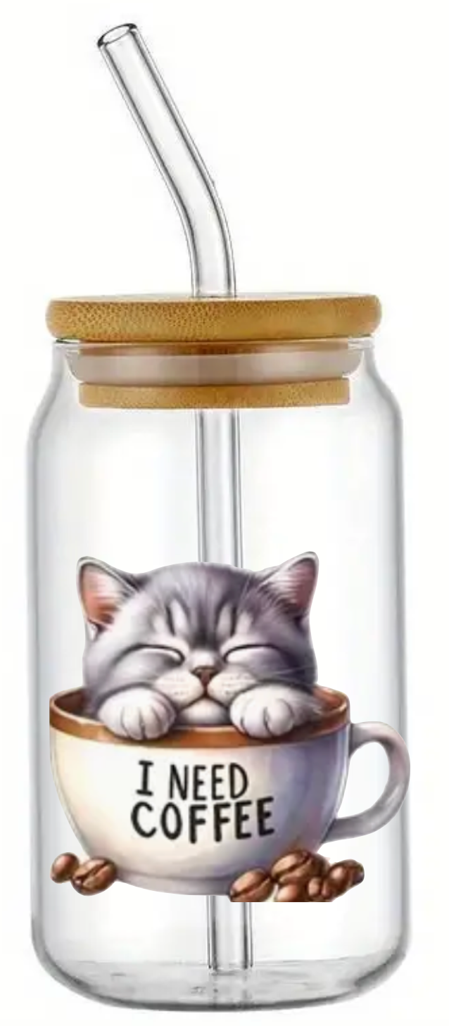 CAT IN CUP I NEED COFFEE GLASS JAR TUMBLER CUP WITH LID, STRAW AND BRUSH