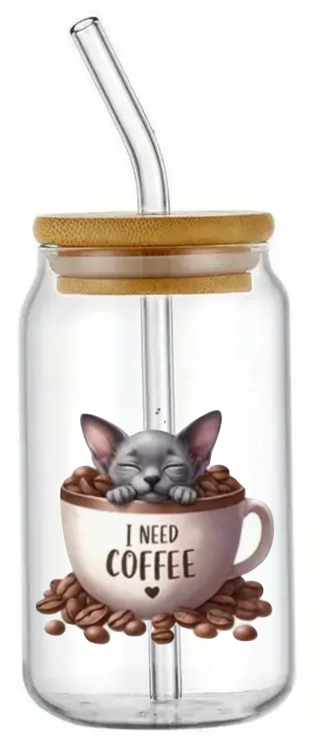 I NEED COFFEE CAT IN CUP GLASS JAR TUMBLER CUP WITH LID, STRAW AND BRUSH