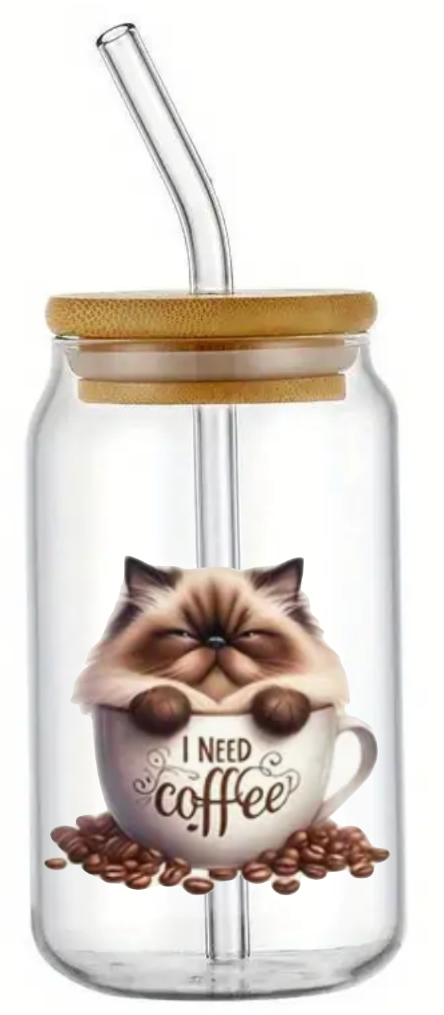 I NEED COFFEE FLUFFY CAT IN CUP GLASS JAR TUMBLER CUP WITH LID, STRAW AND BRUSH