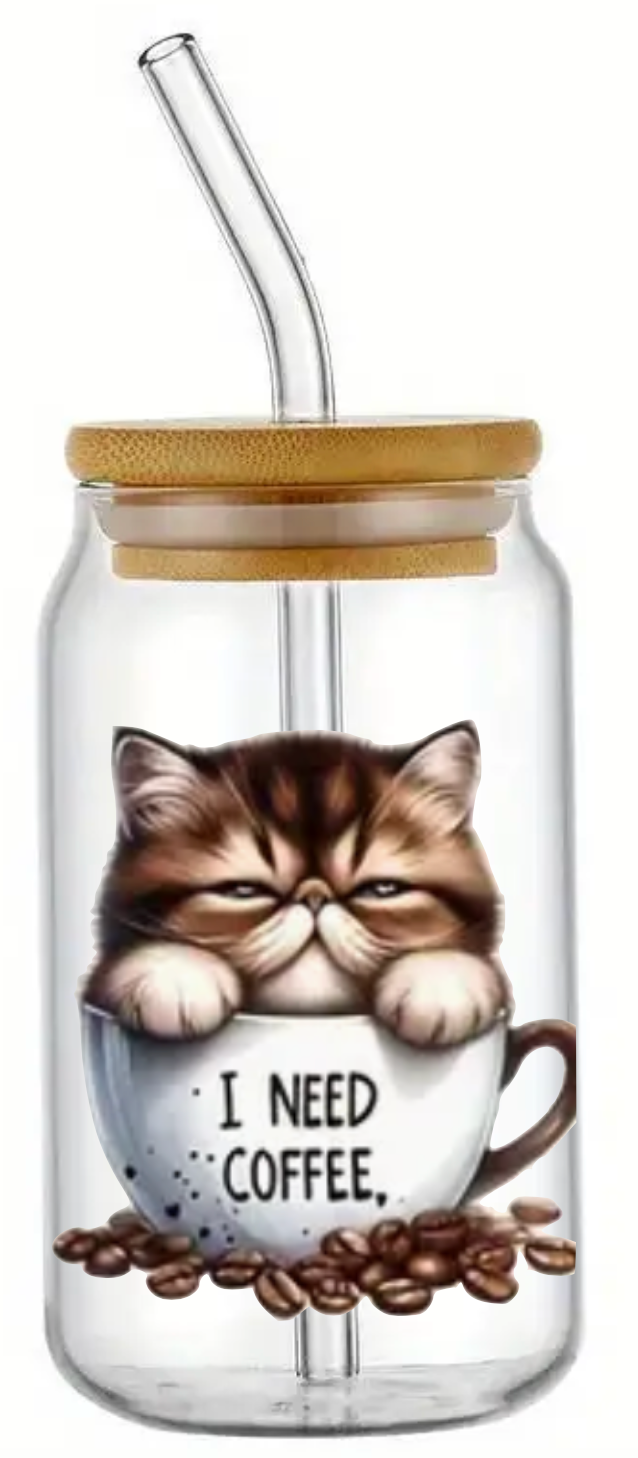 I NEED COFFEE FAT CAT IN CUP GLASS JAR TUMBLER CUP WITH LID, STRAW AND BRUSH