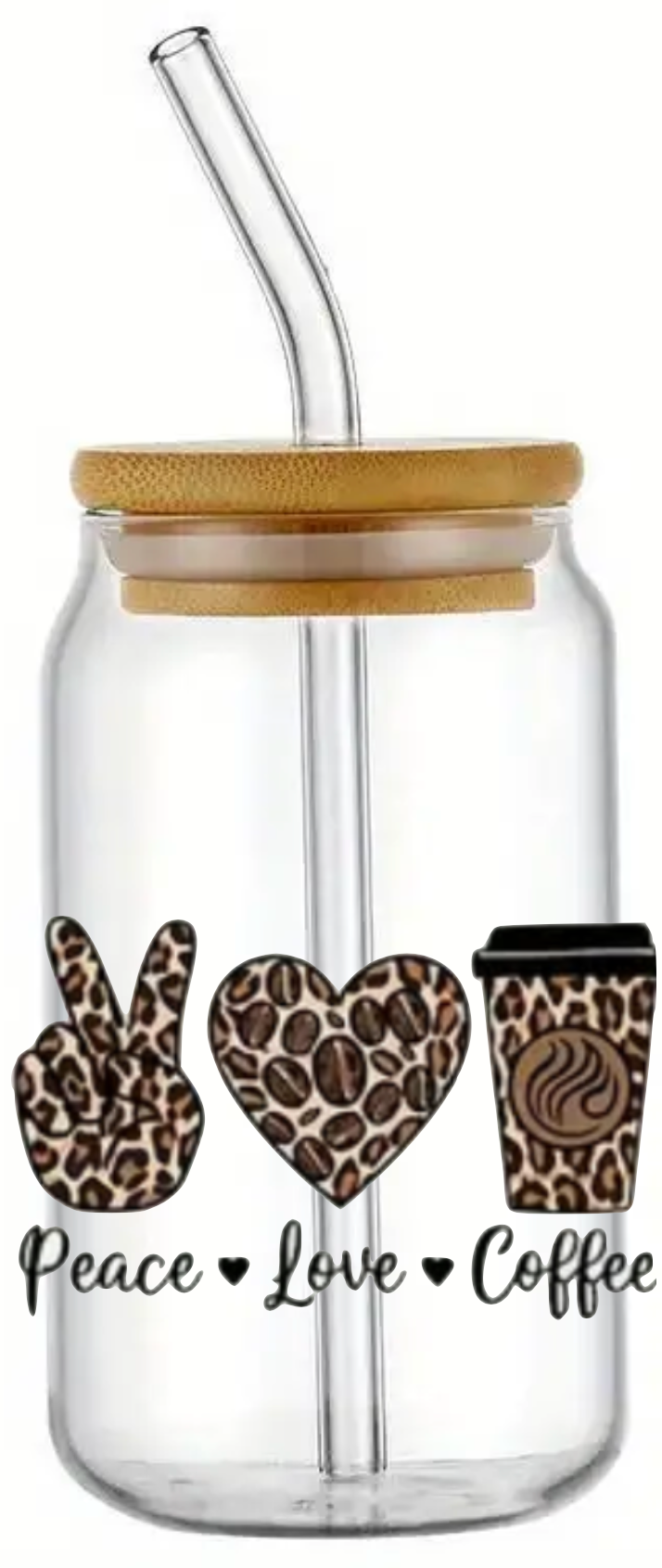 PEACE LOVE COFFEE GLASS JAR TUMBLER CUP WITH LID, STRAW AND BRUSH