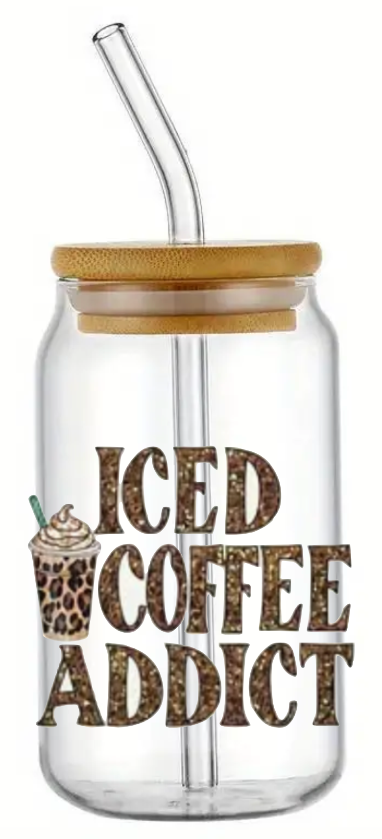 ICED COFFEE ADDICT GLASS JAR TUMBLER CUP WITH LID, STRAW AND BRUSH