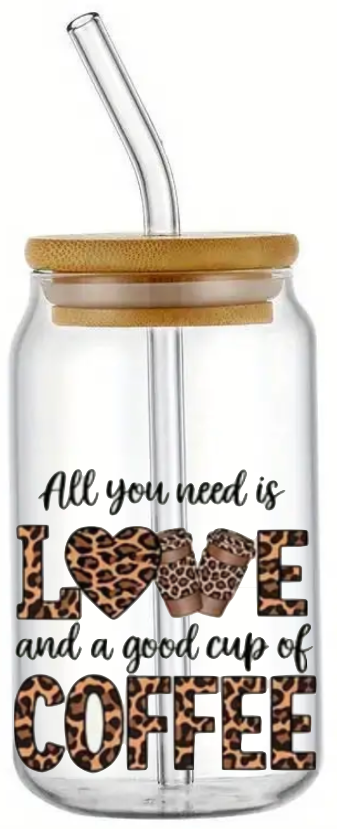 LOVE AND COFFEE GLASS JAR TUMBLER CUP WITH LID, STRAW AND BRUSH